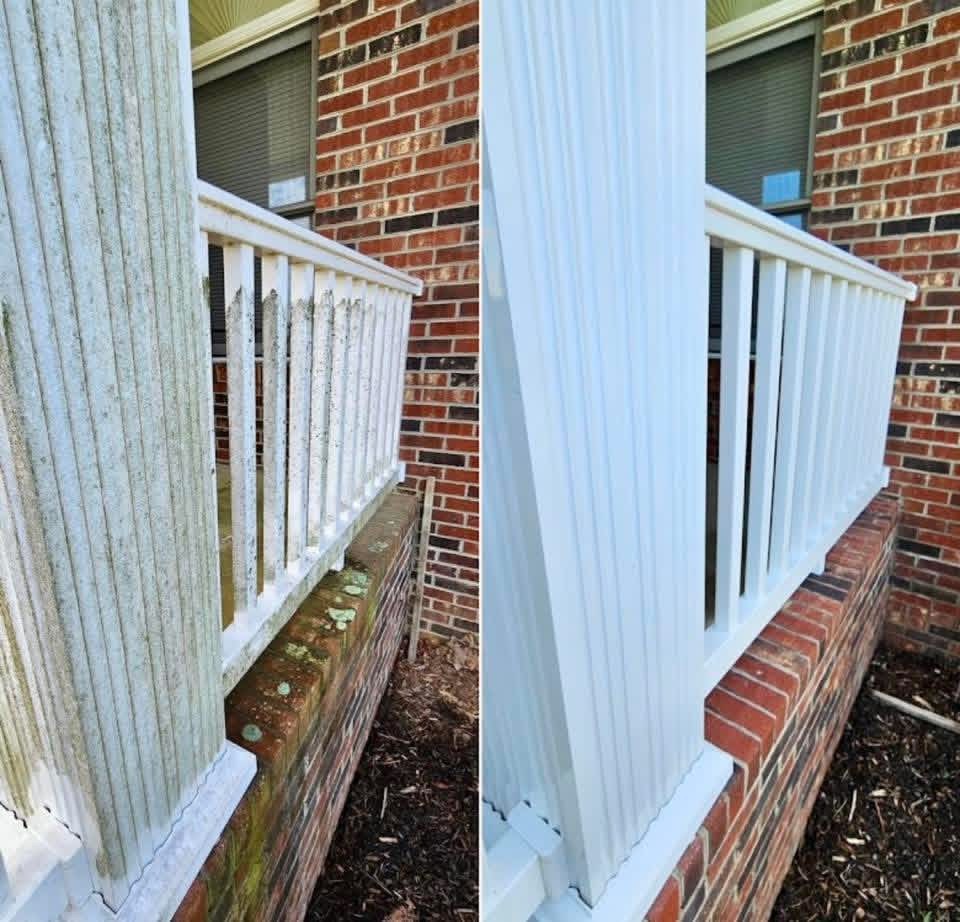 residential porch railing before and after pressure washing