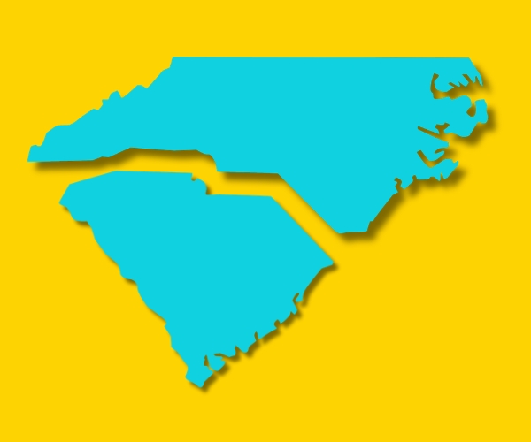 North Carolina and South Carolina graphic, states in teal on a yellow background